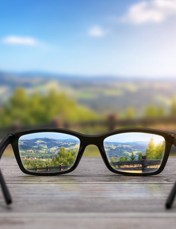 Glasses concepts. glasses focus background wooden - stock image